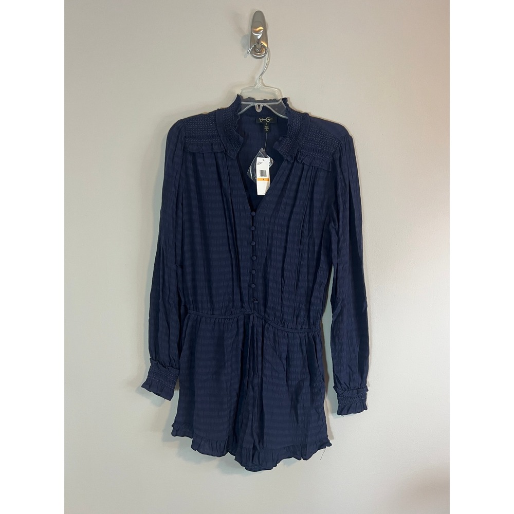 Jessica Simpson Night Sky Navy Blue Smocked Ruffle Long Sleeve Romper Pauly S